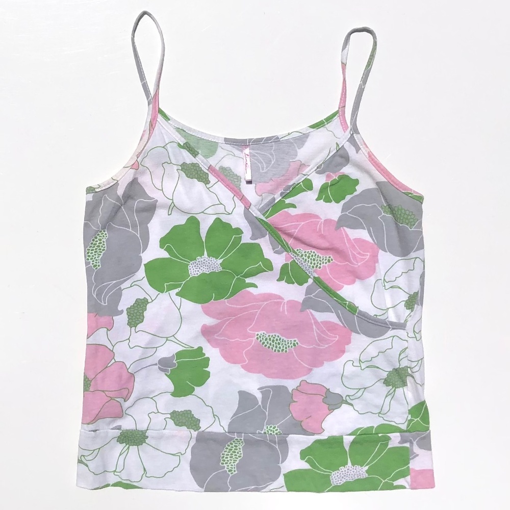 Linea Faux Wrap Top women M sleeveless Spaghetti Strap Floral white pink green